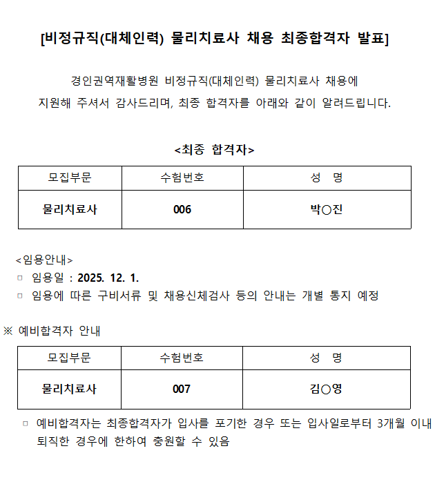 물리치료사 최종합격자 발표