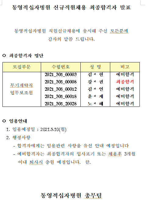 최종합격자 발표 무기계약직 업무보조원